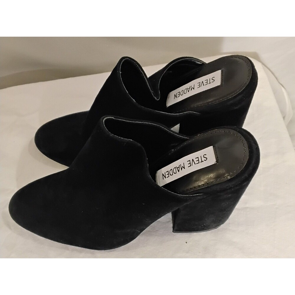 Steve Madden Ditty Mules Black Leather Suede Pointy Toe Block Heel Size 7.5M